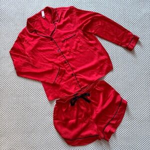 stars above Red Satin Pajama Short Set with Black Trim